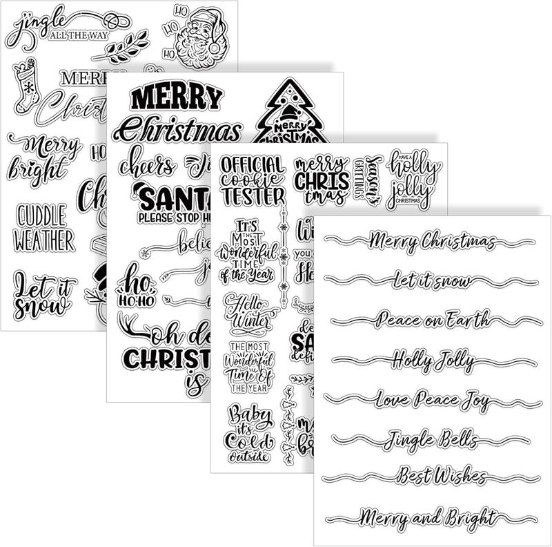 Whaline 4 Sheet Christmas Words Clear Stamps Greeting Words Santa Xmas Tree Pattern Silicone Transparent Stamps Border Stamp Cards for DIY Craft Card Making Scrapbooking Embossing Album Decor - Image 1